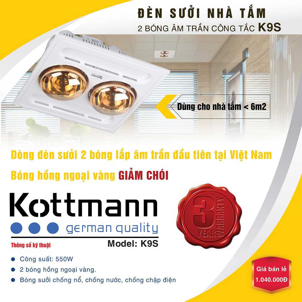 Đèn sưởi nhà tắm âm trần 2 bóng Kottmann K9S