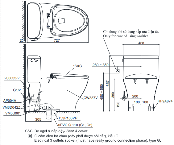 Bản vẽ bồn cầu TOTO MS887 RE2 1 khối