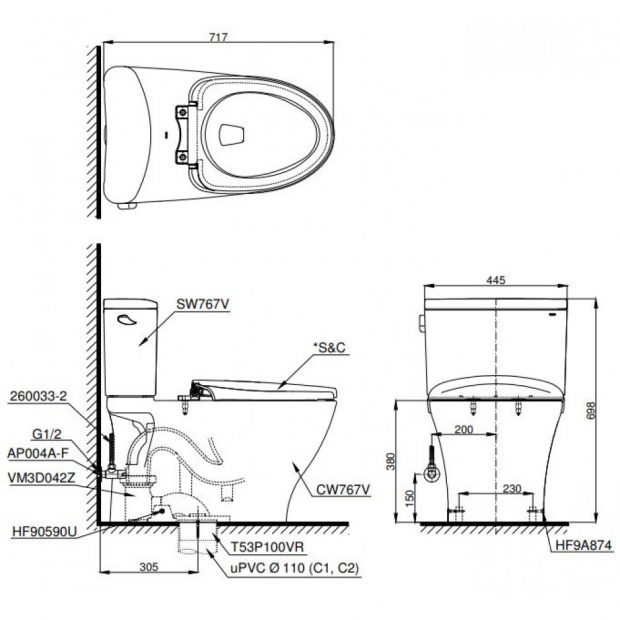 Bản vẽ kích thước bồn cầu rửa cơ TOTO CS767E4