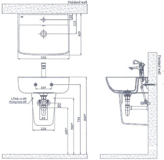 Bản vẽ bồn rửa mặt lavabo kèm chân treo INAX L312V-L-298VC